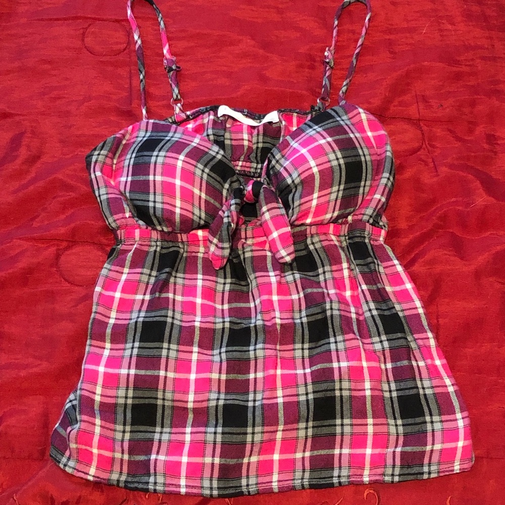 Pink black plaid top